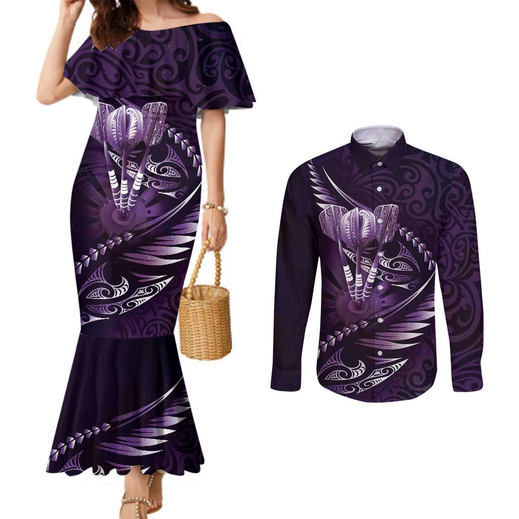 Personalised All Purple New Zealand Darts Couples Matching Mermaid Dress and Long Sleeve Button Shirt Aoteroa Fern Maori Galaxy Style LT14 Purple - Polynesian Pride