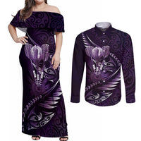 Personalised All Purple New Zealand Darts Couples Matching Off Shoulder Maxi Dress and Long Sleeve Button Shirt Aoteroa Fern Maori Galaxy Style LT14 Purple - Polynesian Pride