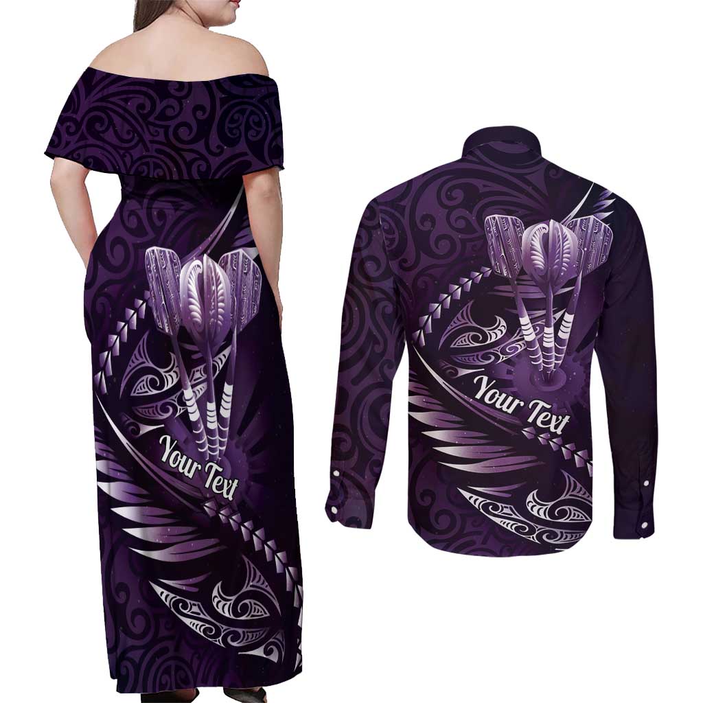 Personalised All Purple New Zealand Darts Couples Matching Off Shoulder Maxi Dress and Long Sleeve Button Shirt Aoteroa Fern Maori Galaxy Style LT14 - Polynesian Pride