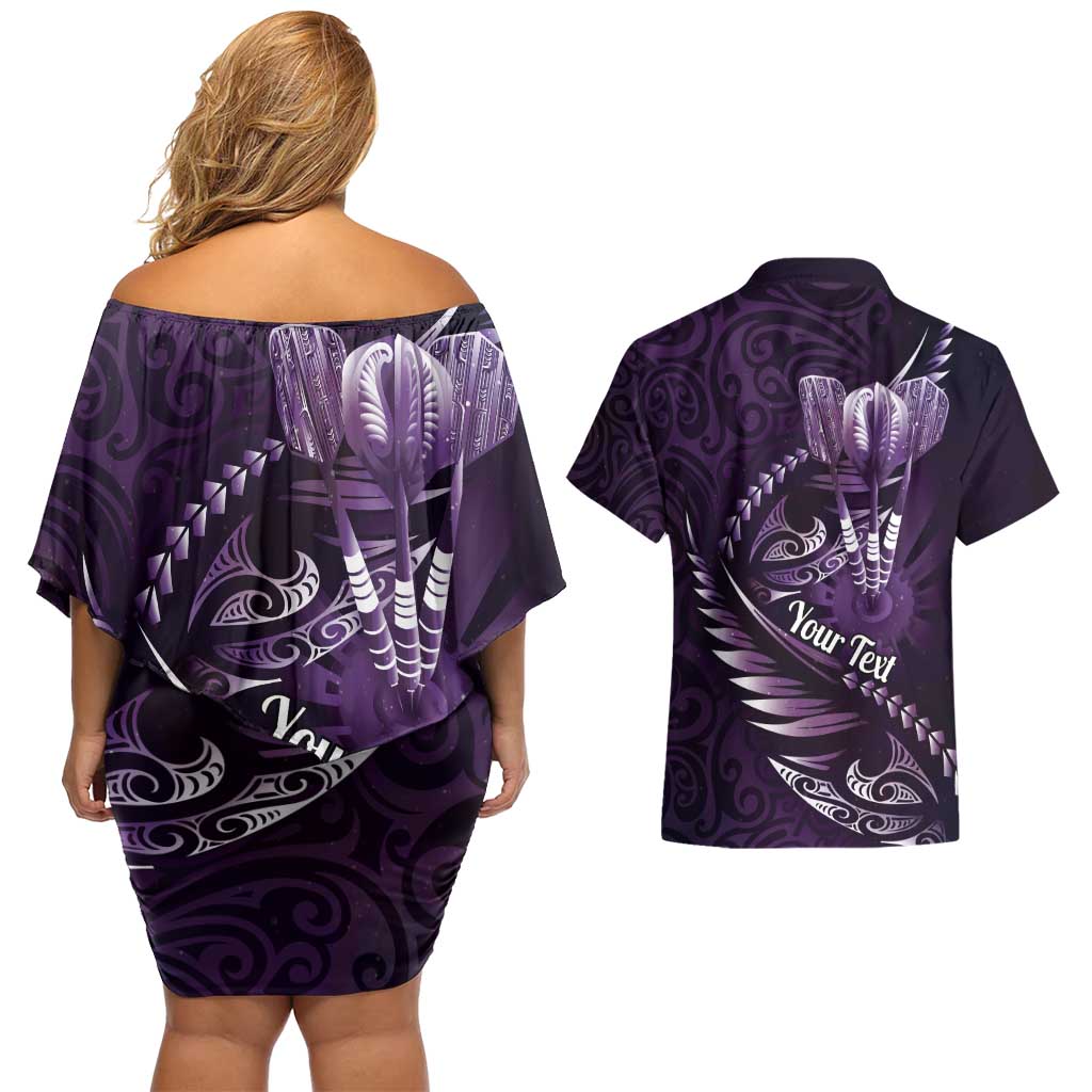 Personalised All Purple New Zealand Darts Couples Matching Off Shoulder Short Dress and Hawaiian Shirt Aoteroa Fern Maori Galaxy Style LT14 - Polynesian Pride