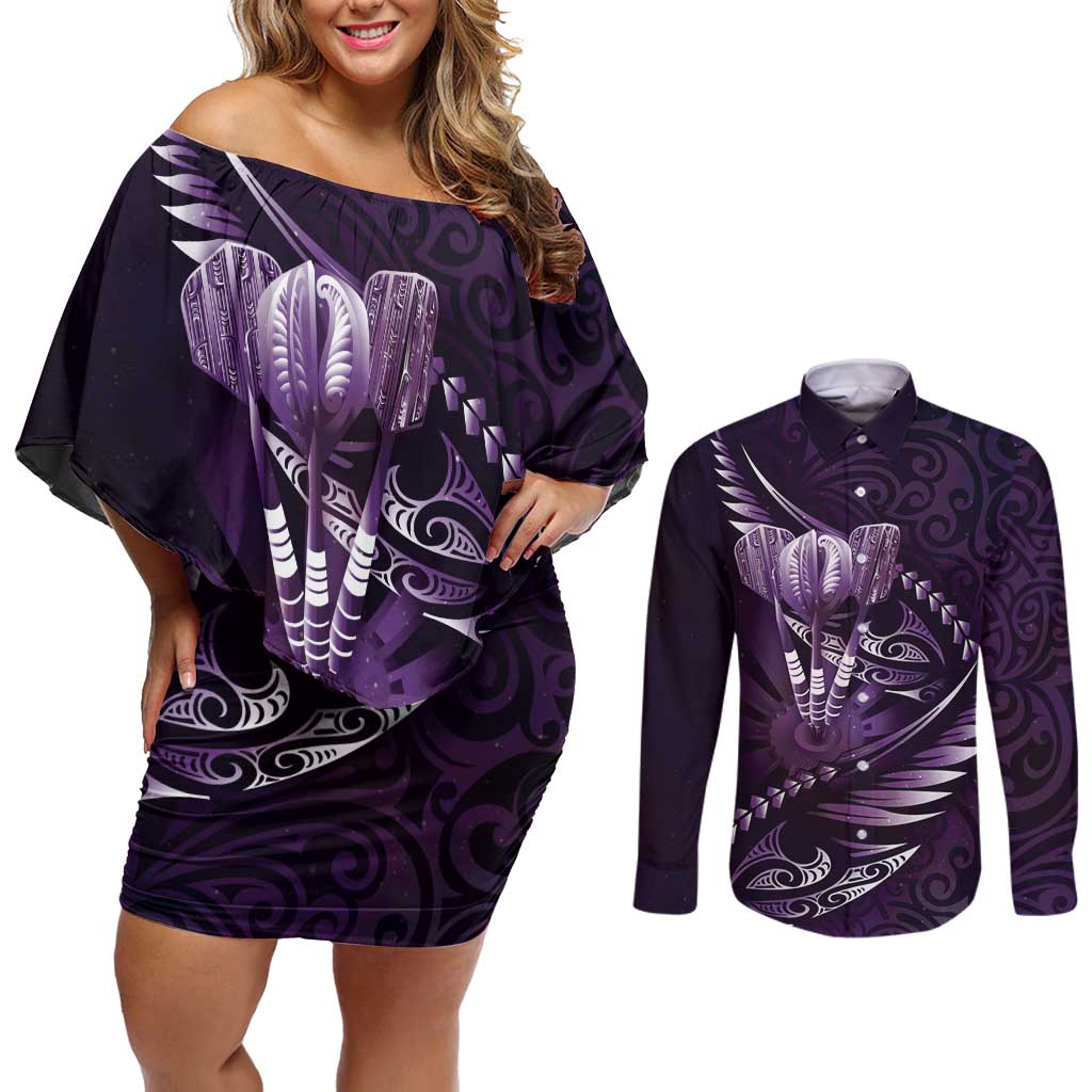 Personalised All Purple New Zealand Darts Couples Matching Off Shoulder Short Dress and Long Sleeve Button Shirt Aoteroa Fern Maori Galaxy Style LT14 Purple - Polynesian Pride