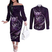 Personalised All Purple New Zealand Darts Couples Matching Off The Shoulder Long Sleeve Dress and Long Sleeve Button Shirt Aoteroa Fern Maori Galaxy Style LT14 Purple - Polynesian Pride
