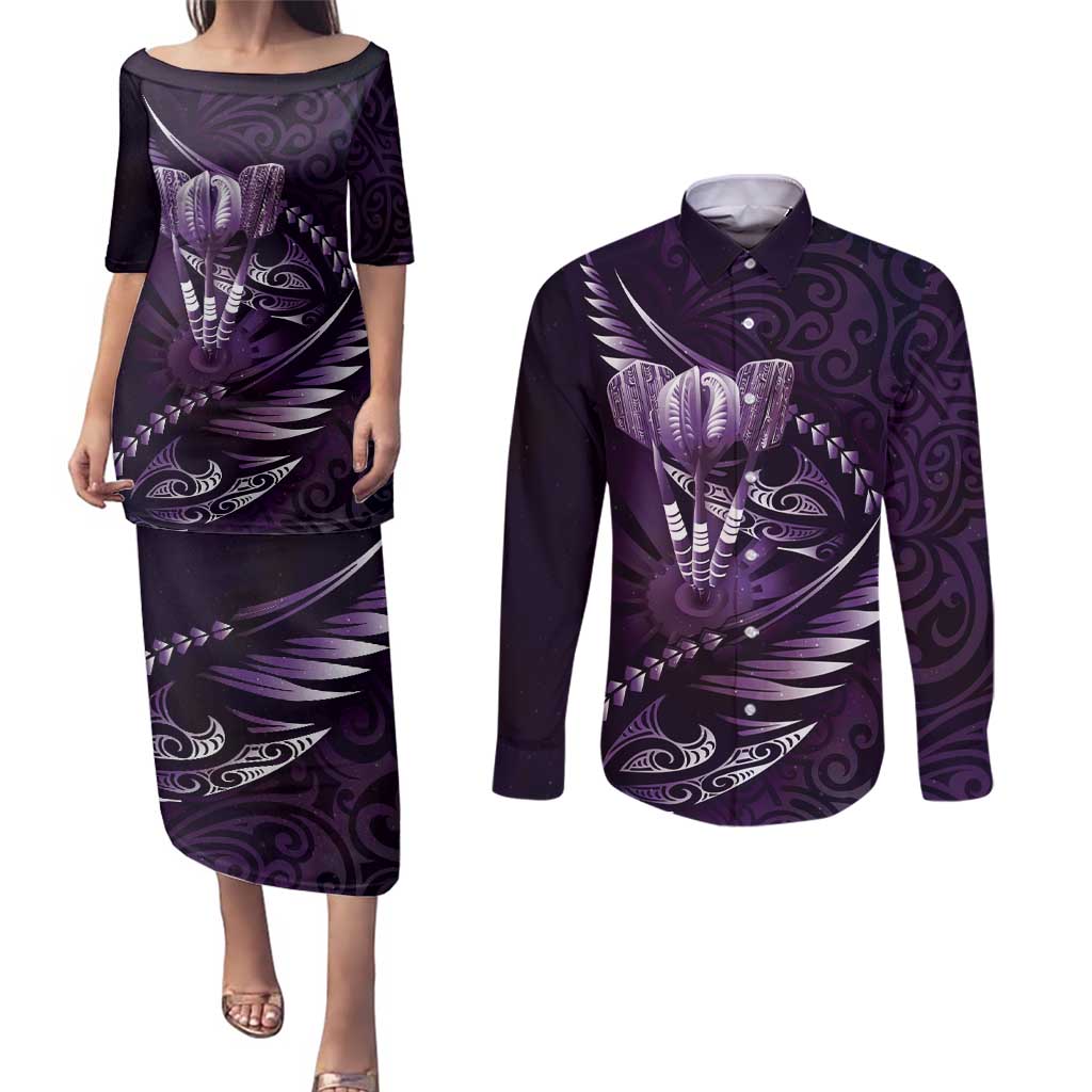 Personalised All Purple New Zealand Darts Couples Matching Puletasi and Long Sleeve Button Shirt Aoteroa Fern Maori Galaxy Style LT14 Purple - Polynesian Pride