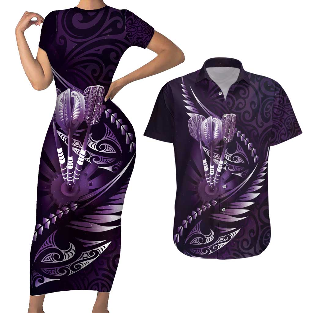 Personalised All Purple New Zealand Darts Couples Matching Short Sleeve Bodycon Dress and Hawaiian Shirt Aoteroa Fern Maori Galaxy Style LT14 Purple - Polynesian Pride