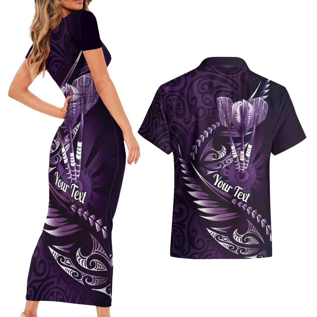 Personalised All Purple New Zealand Darts Couples Matching Short Sleeve Bodycon Dress and Hawaiian Shirt Aoteroa Fern Maori Galaxy Style LT14 - Polynesian Pride