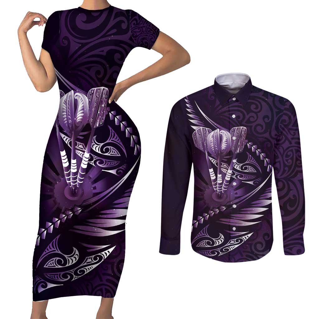 Personalised All Purple New Zealand Darts Couples Matching Short Sleeve Bodycon Dress and Long Sleeve Button Shirt Aoteroa Fern Maori Galaxy Style