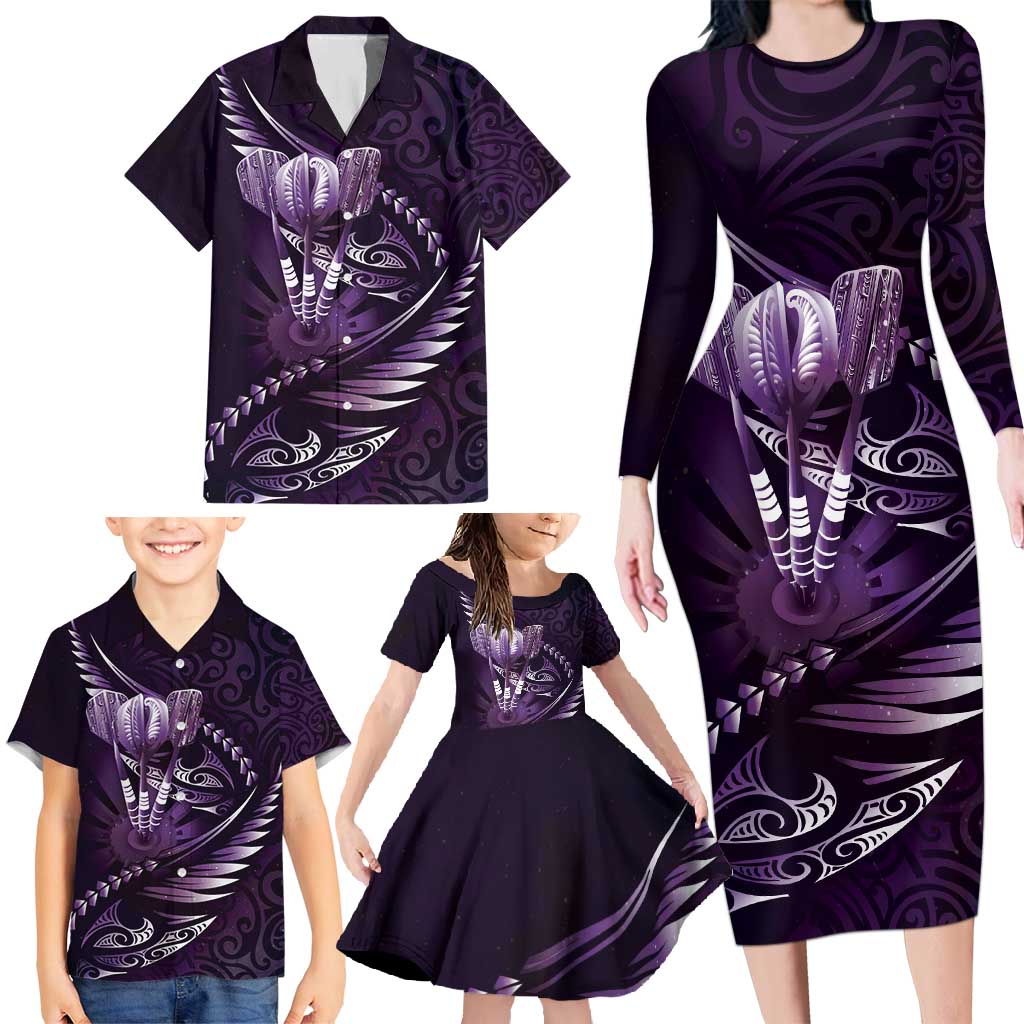 Personalised All Purple New Zealand Darts Family Matching Long Sleeve Bodycon Dress and Hawaiian Shirt Aoteroa Fern Maori Galaxy Style LT14 - Polynesian Pride