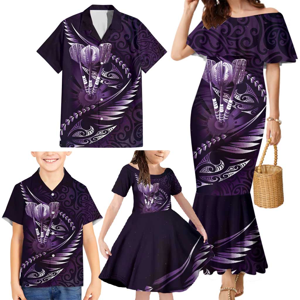Personalised All Purple New Zealand Darts Family Matching Mermaid Dress and Hawaiian Shirt Aoteroa Fern Maori Galaxy Style LT14 - Polynesian Pride