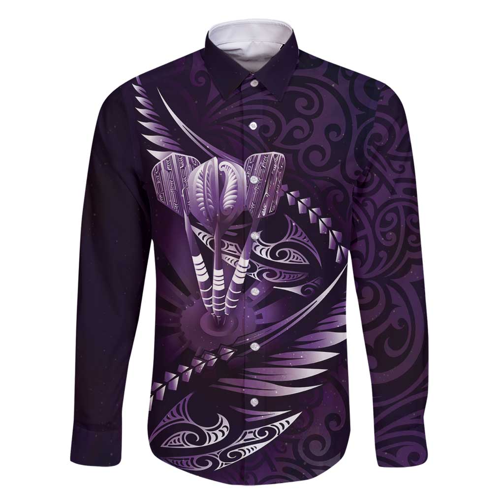 Personalised All Purple New Zealand Darts Family Matching Mermaid Dress and Hawaiian Shirt Aoteroa Fern Maori Galaxy Style LT14 Dad's Shirt - Long Sleeve Purple - Polynesian Pride