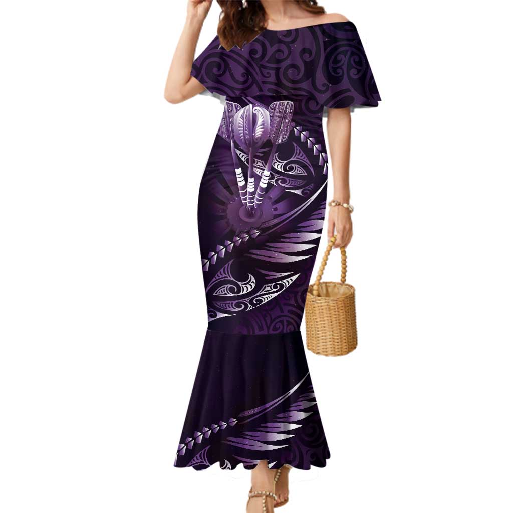 Personalised All Purple New Zealand Darts Family Matching Mermaid Dress and Hawaiian Shirt Aoteroa Fern Maori Galaxy Style LT14 Mom's Dress Purple - Polynesian Pride