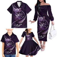 Personalised All Purple New Zealand Darts Family Matching Off The Shoulder Long Sleeve Dress and Hawaiian Shirt Aoteroa Fern Maori Galaxy Style LT14 - Polynesian Pride