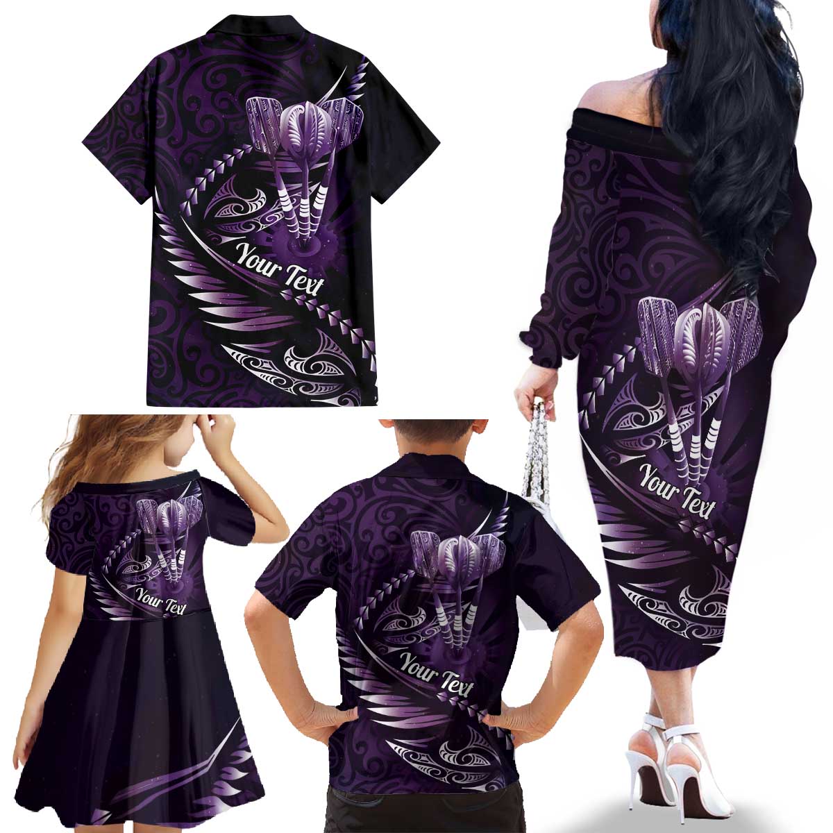 Personalised All Purple New Zealand Darts Family Matching Off The Shoulder Long Sleeve Dress and Hawaiian Shirt Aoteroa Fern Maori Galaxy Style LT14 - Polynesian Pride