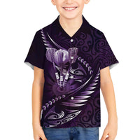 Personalised All Purple New Zealand Darts Family Matching Off The Shoulder Long Sleeve Dress and Hawaiian Shirt Aoteroa Fern Maori Galaxy Style LT14 Son's Shirt Purple - Polynesian Pride