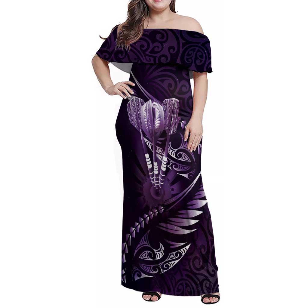 Personalised All Purple New Zealand Darts Family Matching Off Shoulder Maxi Dress and Hawaiian Shirt Aoteroa Fern Maori Galaxy Style LT14 Mom's Dress Purple - Polynesian Pride