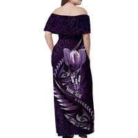 Personalised All Purple New Zealand Darts Family Matching Off Shoulder Maxi Dress and Hawaiian Shirt Aoteroa Fern Maori Galaxy Style LT14 - Polynesian Pride