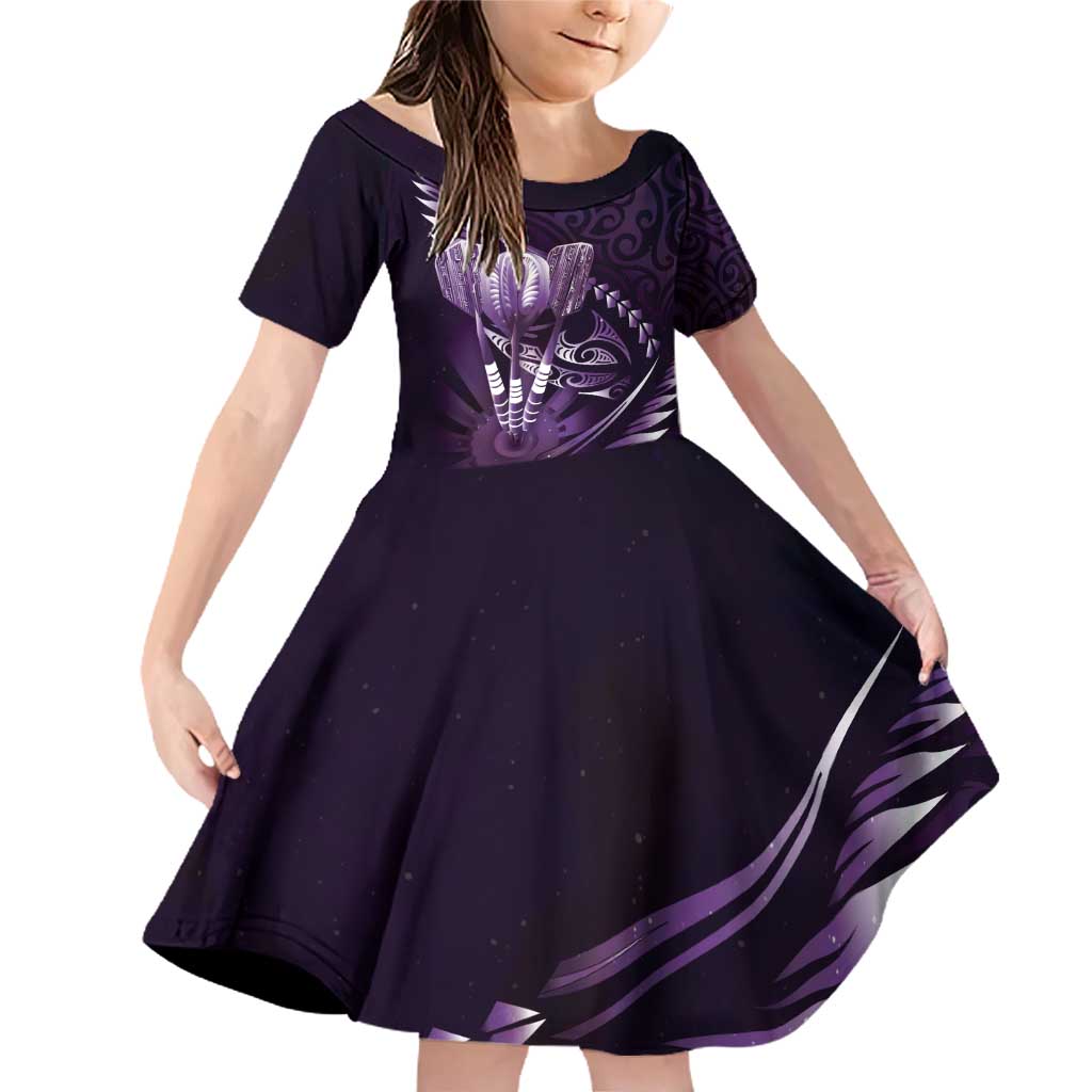 Personalised All Purple New Zealand Darts Family Matching Off Shoulder Short Dress and Hawaiian Shirt Aoteroa Fern Maori Galaxy Style LT14 Daughter's Dress Purple - Polynesian Pride