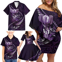 Personalised All Purple New Zealand Darts Family Matching Off Shoulder Short Dress and Hawaiian Shirt Aoteroa Fern Maori Galaxy Style LT14 - Polynesian Pride