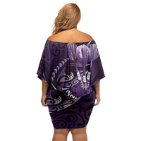 Personalised All Purple New Zealand Darts Family Matching Off Shoulder Short Dress and Hawaiian Shirt Aoteroa Fern Maori Galaxy Style LT14 - Polynesian Pride