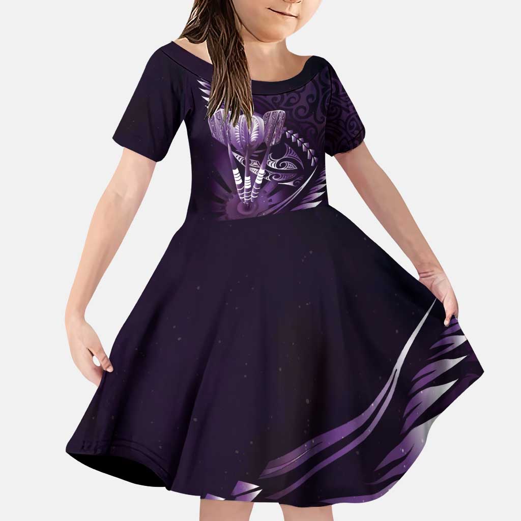 Personalised All Purple New Zealand Darts Family Matching Puletasi and Hawaiian Shirt Aoteroa Fern Maori Galaxy Style LT14 Daughter's Dress Purple - Polynesian Pride