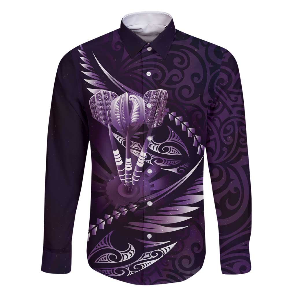 Personalised All Purple New Zealand Darts Family Matching Short Sleeve Bodycon Dress and Hawaiian Shirt Aoteroa Fern Maori Galaxy Style LT14 Dad's Shirt - Long Sleeve Purple - Polynesian Pride
