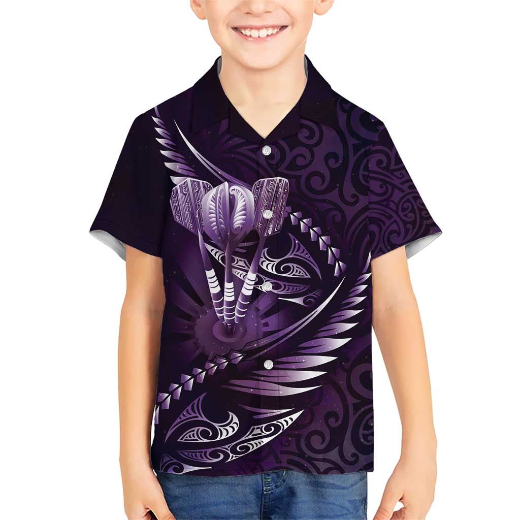 Personalised All Purple New Zealand Darts Family Matching Short Sleeve Bodycon Dress and Hawaiian Shirt Aoteroa Fern Maori Galaxy Style LT14 Son's Shirt Purple - Polynesian Pride