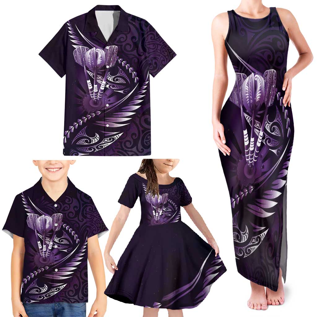 Personalised All Purple New Zealand Darts Family Matching Tank Maxi Dress and Hawaiian Shirt Aoteroa Fern Maori Galaxy Style