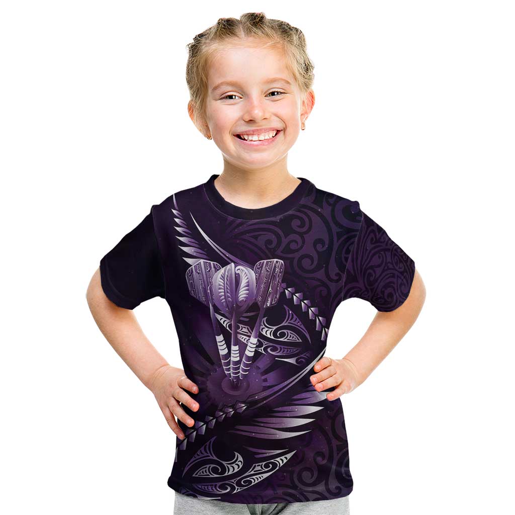 Personalised All Purple New Zealand Darts Kid T Shirt Aoteroa Fern Maori Galaxy Style