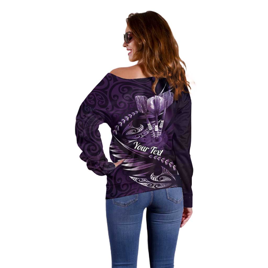 Personalised All Purple New Zealand Darts Off Shoulder Sweater Aoteroa Fern Maori Galaxy Style LT14 - Polynesian Pride