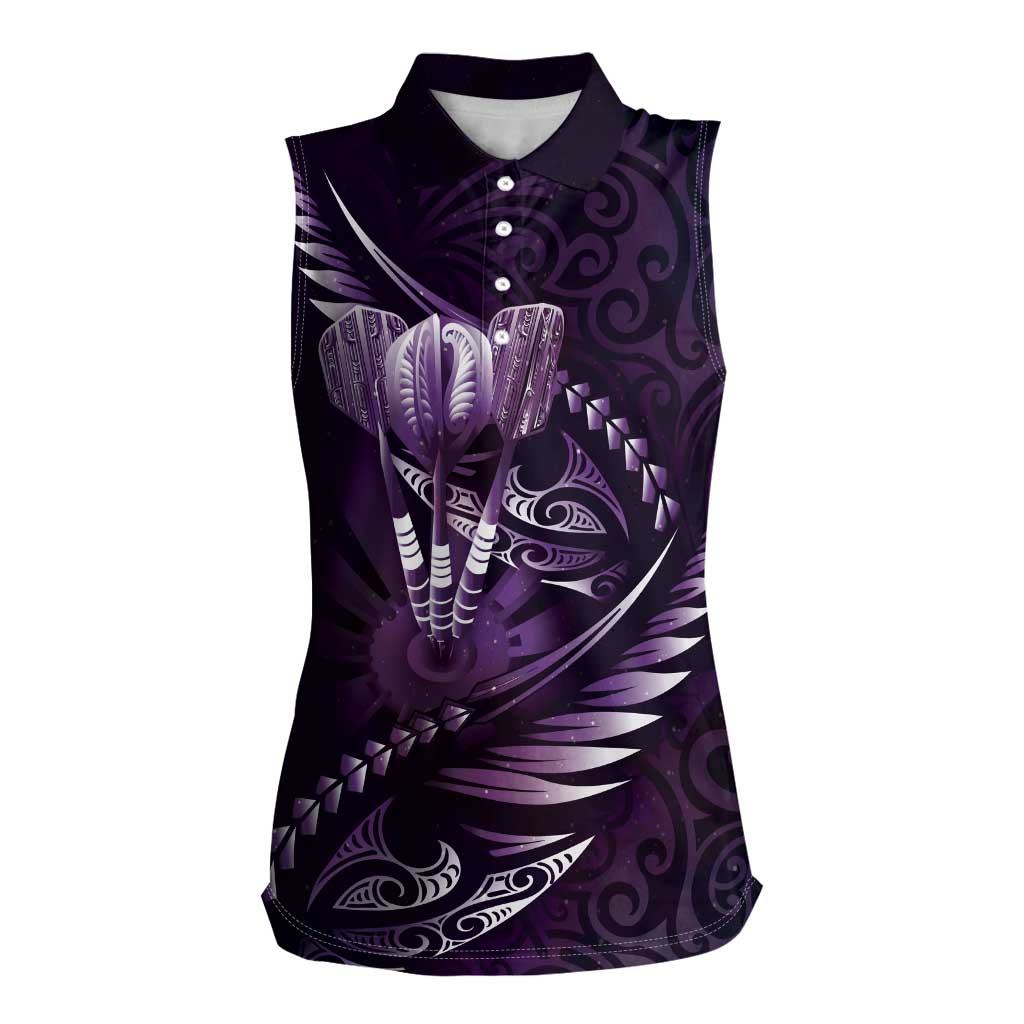 Personalised All Purple New Zealand Darts Women Sleeveless Polo Shirt Aoteroa Fern Maori Galaxy Style LT14 Female Purple - Polynesian Pride