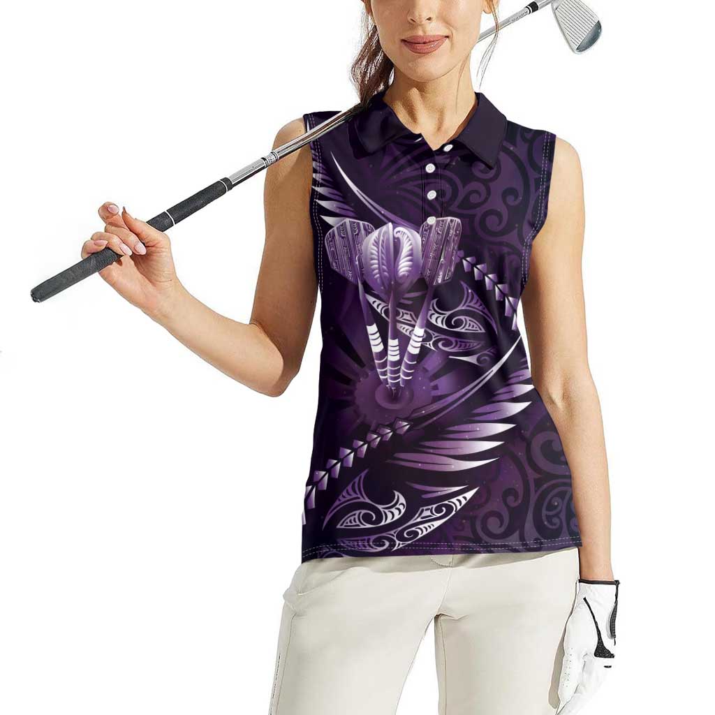 Personalised All Purple New Zealand Darts Women Sleeveless Polo Shirt Aoteroa Fern Maori Galaxy Style LT14 - Polynesian Pride