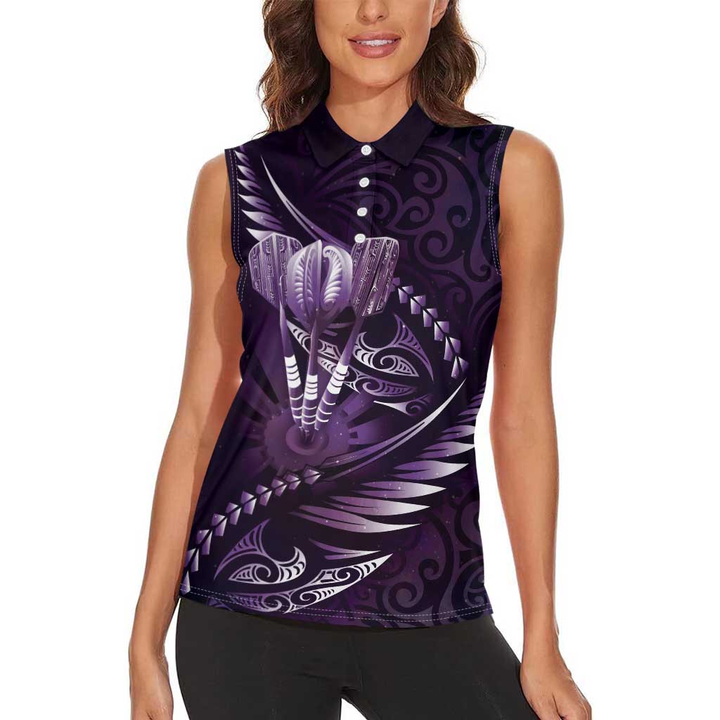 Personalised All Purple New Zealand Darts Women Sleeveless Polo Shirt Aoteroa Fern Maori Galaxy Style LT14 - Polynesian Pride