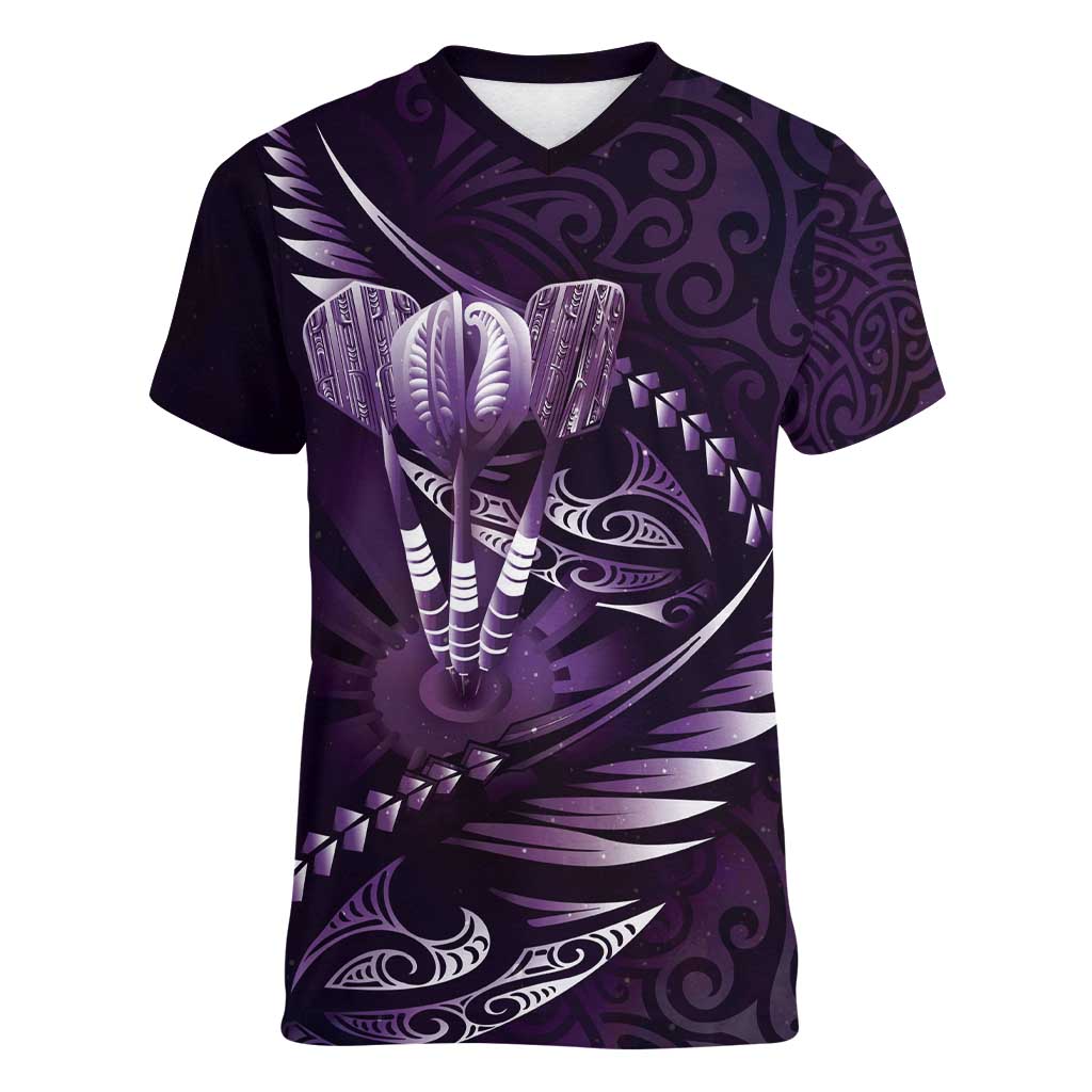 Personalised All Purple New Zealand Darts Women V-Neck T-Shirt Aoteroa Fern Maori Galaxy Style LT14 Female Purple - Polynesian Pride