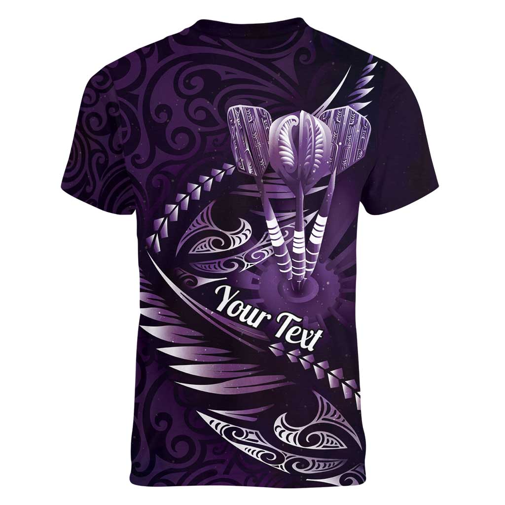 Personalised All Purple New Zealand Darts Women V-Neck T-Shirt Aoteroa Fern Maori Galaxy Style LT14 - Polynesian Pride