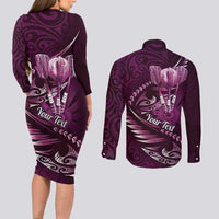 Personalised All Pink New Zealand Darts Couples Matching Long Sleeve Bodycon Dress and Long Sleeve Button Shirt Aoteroa Fern Maori Galaxy Style LT14 - Polynesian Pride