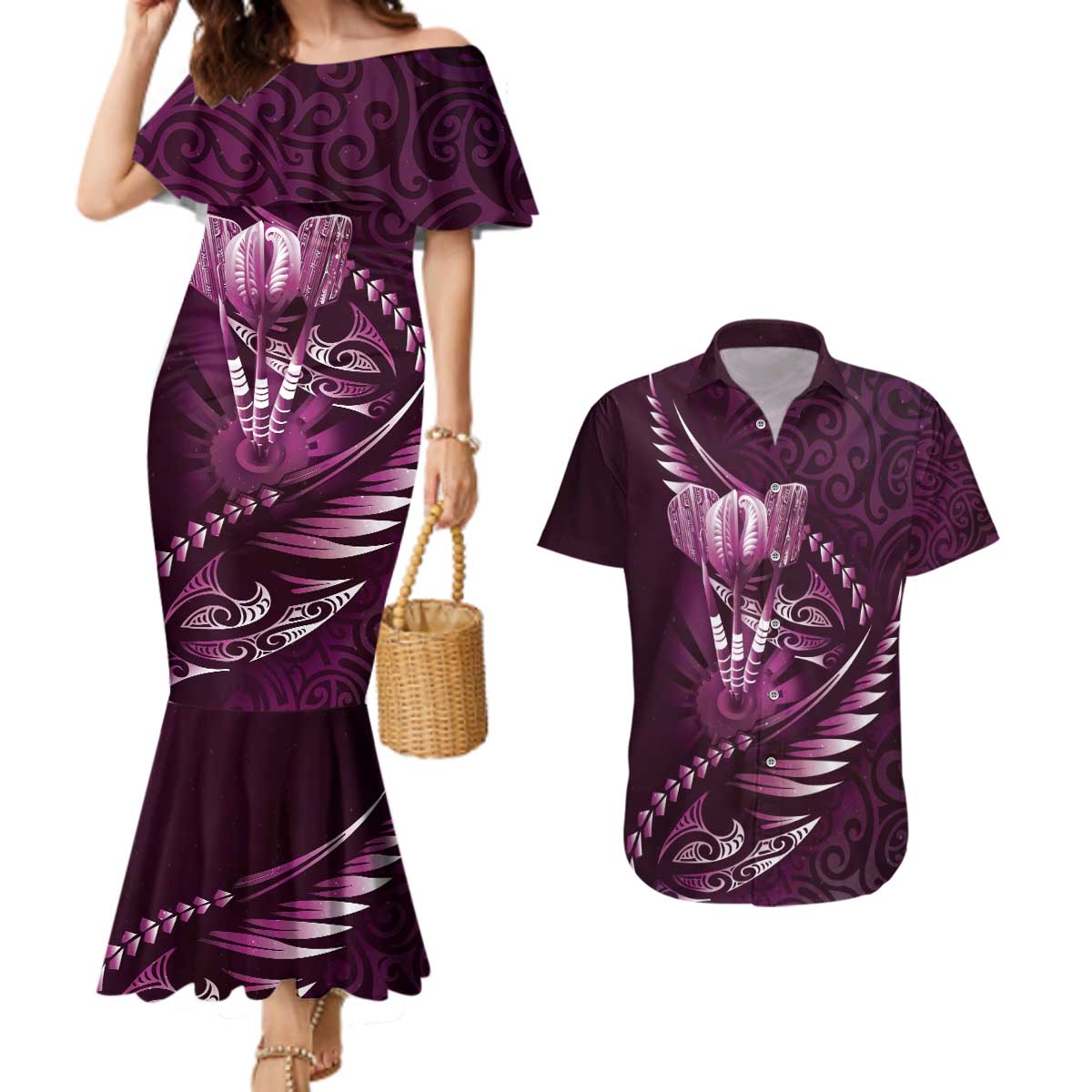 Personalised All Pink New Zealand Darts Couples Matching Mermaid Dress and Hawaiian Shirt Aoteroa Fern Maori Galaxy Style LT14 Pink - Polynesian Pride