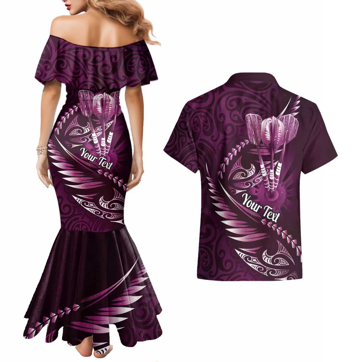 Personalised All Pink New Zealand Darts Couples Matching Mermaid Dress and Hawaiian Shirt Aoteroa Fern Maori Galaxy Style LT14 - Polynesian Pride