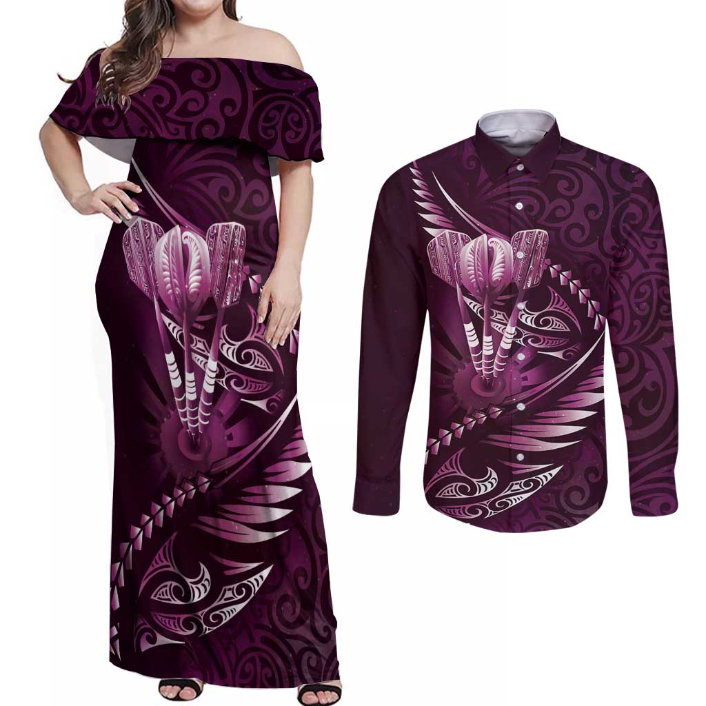 Personalised All Pink New Zealand Darts Couples Matching Off Shoulder Maxi Dress and Long Sleeve Button Shirt Aoteroa Fern Maori Galaxy Style LT14 Pink - Polynesian Pride