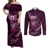 Personalised All Pink New Zealand Darts Couples Matching Off Shoulder Maxi Dress and Long Sleeve Button Shirt Aoteroa Fern Maori Galaxy Style LT14 Pink - Polynesian Pride
