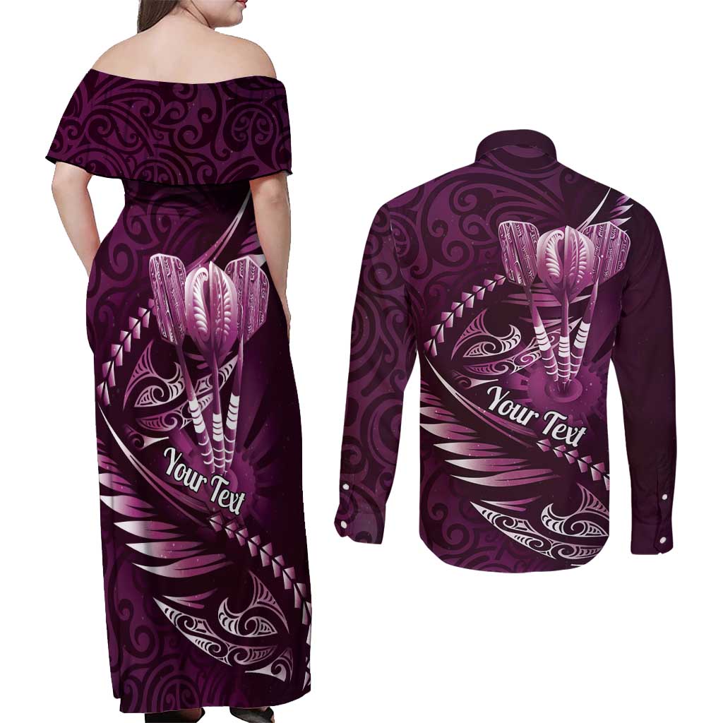 Personalised All Pink New Zealand Darts Couples Matching Off Shoulder Maxi Dress and Long Sleeve Button Shirt Aoteroa Fern Maori Galaxy Style LT14 - Polynesian Pride