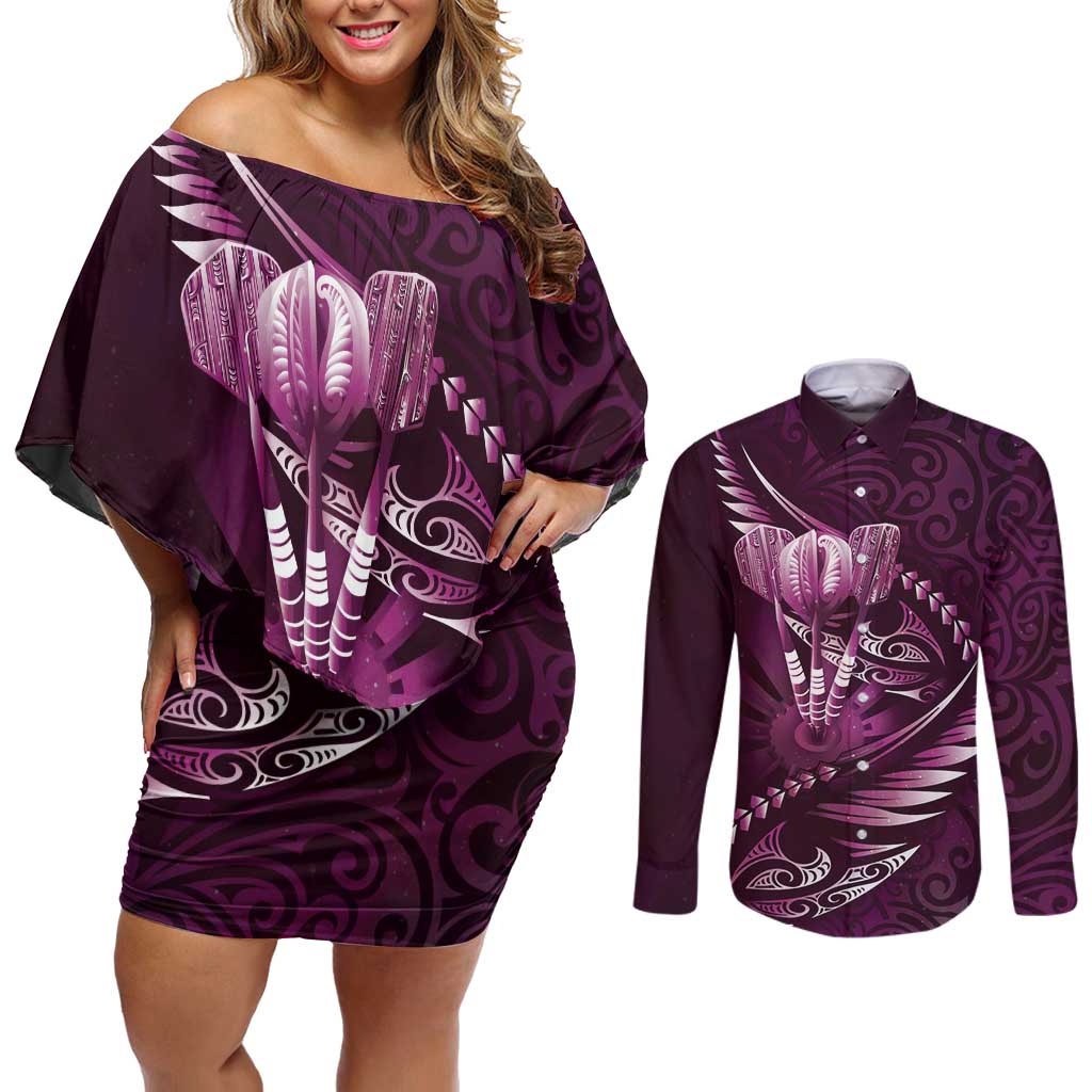 Personalised All Pink New Zealand Darts Couples Matching Off Shoulder Short Dress and Long Sleeve Button Shirt Aoteroa Fern Maori Galaxy Style LT14 Pink - Polynesian Pride