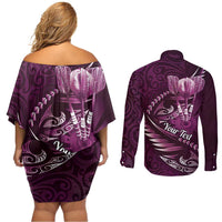 Personalised All Pink New Zealand Darts Couples Matching Off Shoulder Short Dress and Long Sleeve Button Shirt Aoteroa Fern Maori Galaxy Style LT14 - Polynesian Pride