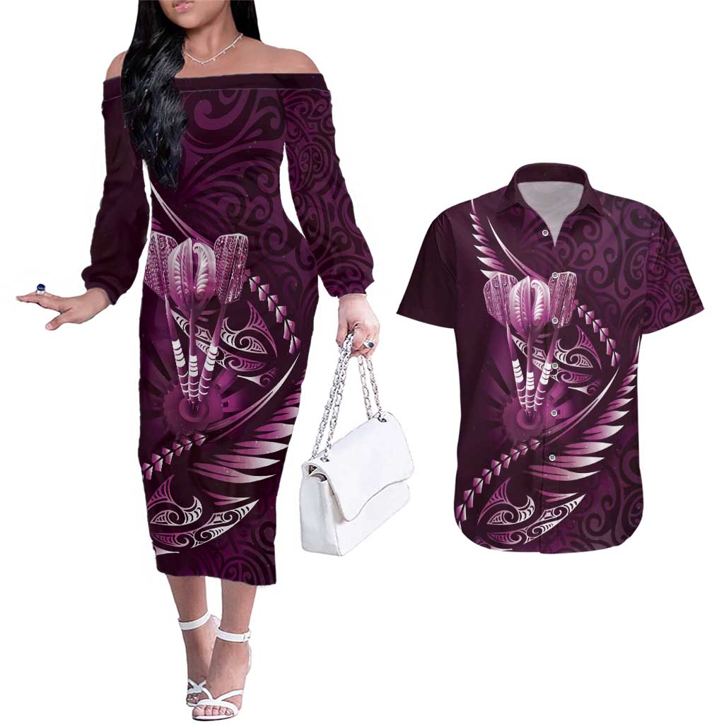 Personalised All Pink New Zealand Darts Couples Matching Off The Shoulder Long Sleeve Dress and Hawaiian Shirt Aoteroa Fern Maori Galaxy Style LT14 Pink - Polynesian Pride