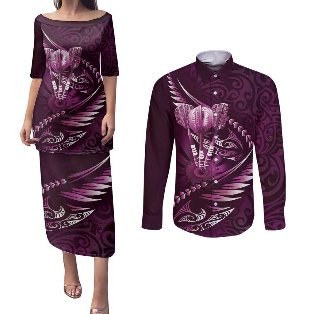 Personalised All Pink New Zealand Darts Couples Matching Puletasi and Long Sleeve Button Shirt Aoteroa Fern Maori Galaxy Style LT14 Pink - Polynesian Pride
