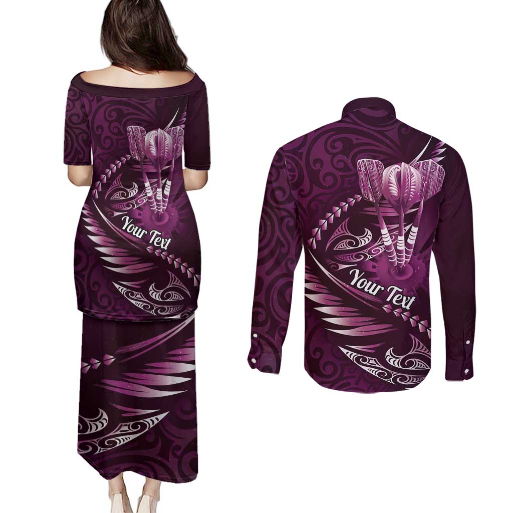 Personalised All Pink New Zealand Darts Couples Matching Puletasi and Long Sleeve Button Shirt Aoteroa Fern Maori Galaxy Style LT14 - Polynesian Pride