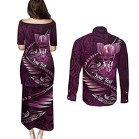 Personalised All Pink New Zealand Darts Couples Matching Puletasi and Long Sleeve Button Shirt Aoteroa Fern Maori Galaxy Style LT14 - Polynesian Pride
