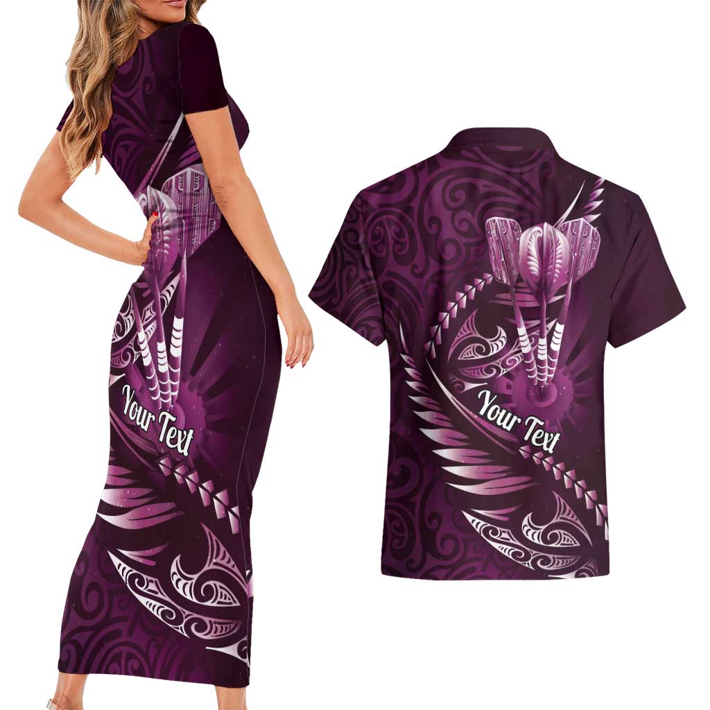 Personalised All Pink New Zealand Darts Couples Matching Short Sleeve Bodycon Dress and Hawaiian Shirt Aoteroa Fern Maori Galaxy Style LT14 - Polynesian Pride