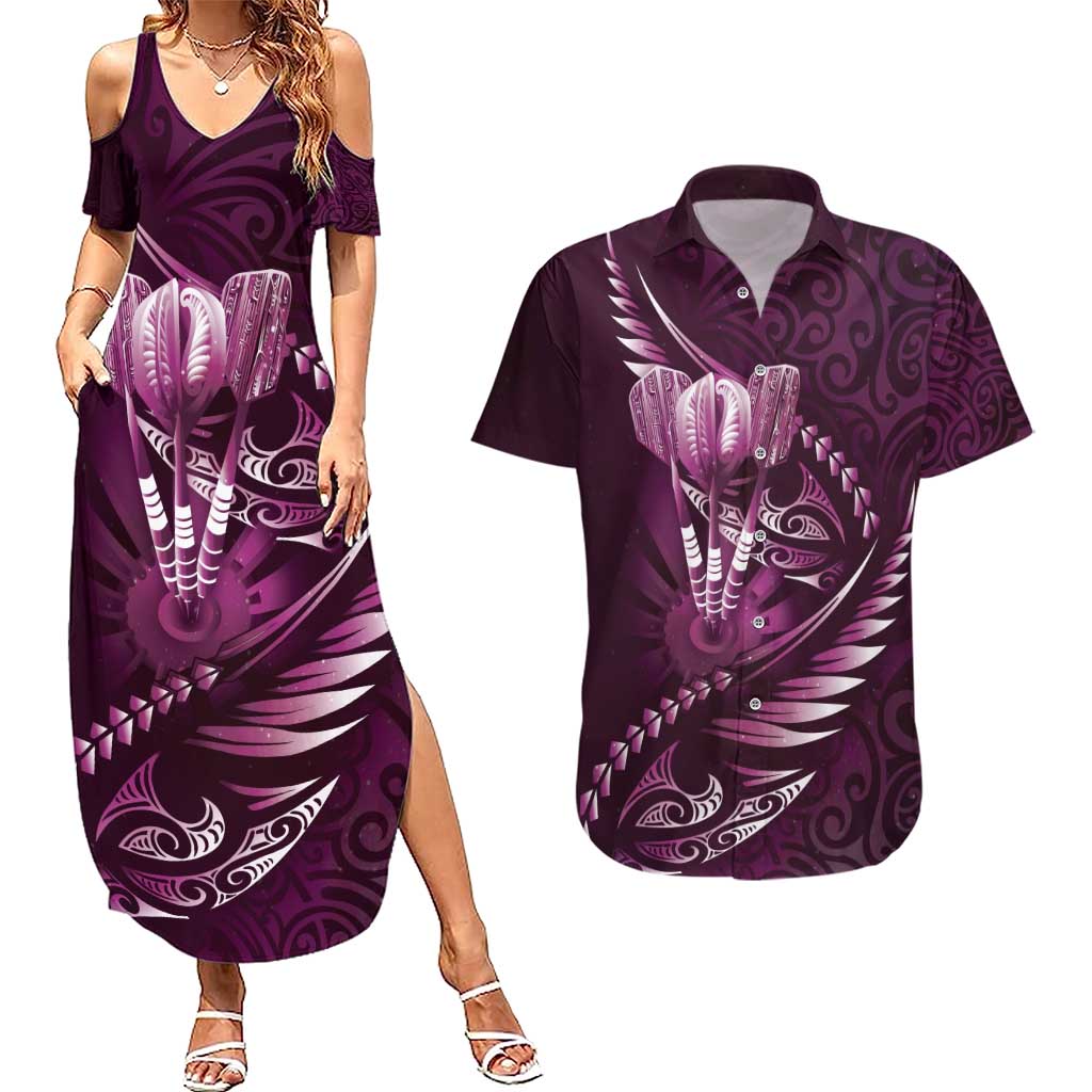 Personalised All Pink New Zealand Darts Couples Matching Summer Maxi Dress and Hawaiian Shirt Aoteroa Fern Maori Galaxy Style LT14 Pink - Polynesian Pride