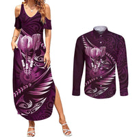 Personalised All Pink New Zealand Darts Couples Matching Summer Maxi Dress and Long Sleeve Button Shirt Aoteroa Fern Maori Galaxy Style LT14 Pink - Polynesian Pride