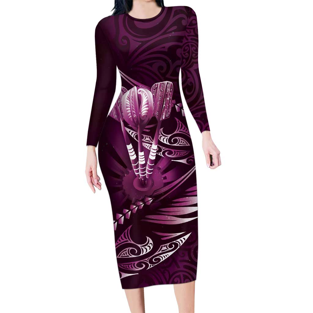 Personalised All Pink New Zealand Darts Family Matching Long Sleeve Bodycon Dress and Hawaiian Shirt Aoteroa Fern Maori Galaxy Style LT14 Mom's Dress Pink - Polynesian Pride