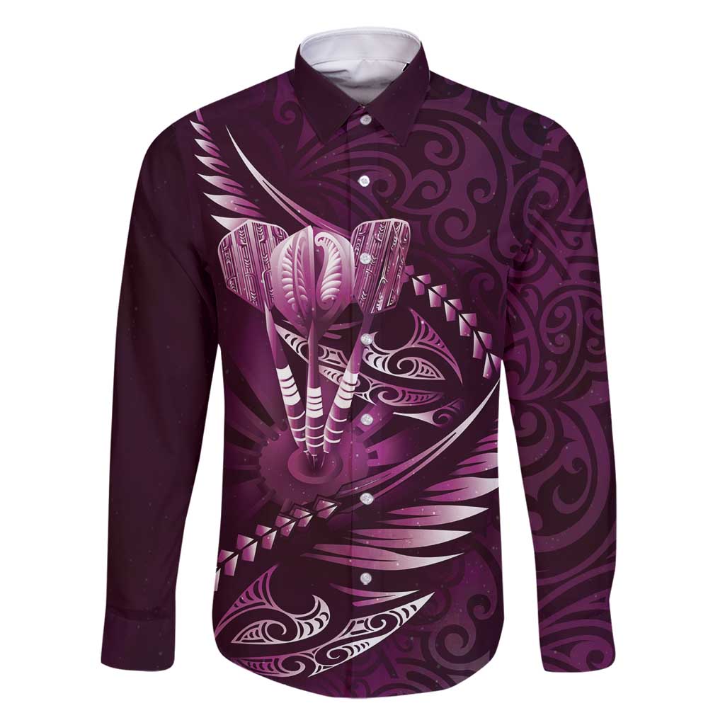 Personalised All Pink New Zealand Darts Family Matching Mermaid Dress and Hawaiian Shirt Aoteroa Fern Maori Galaxy Style LT14 Dad's Shirt - Long Sleeve Pink - Polynesian Pride